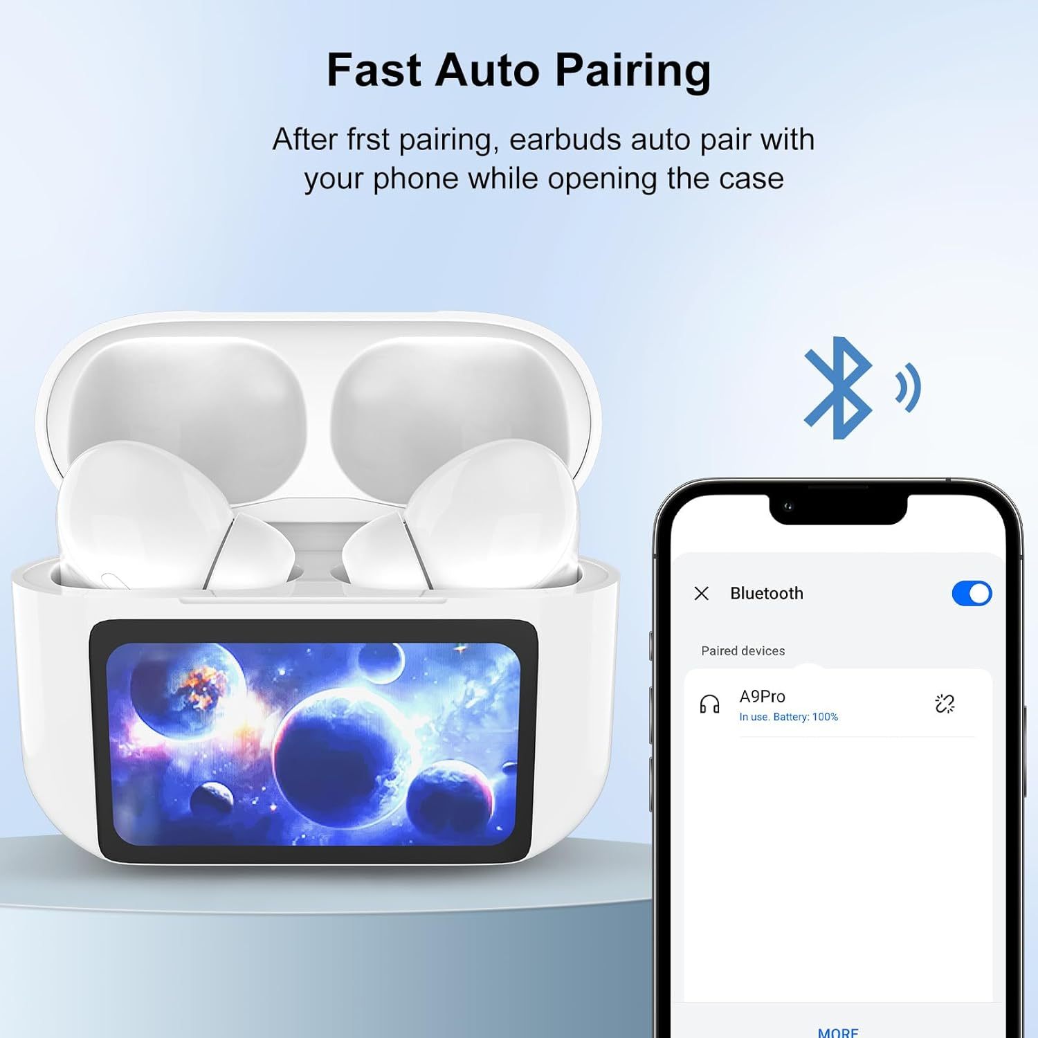 Wireless earbuds in a charging case with smartphone displaying Bluetooth connection