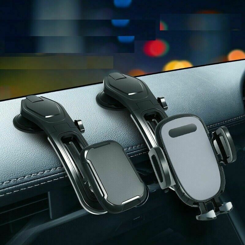 Three car phone holders on a car dashboard with a blurred cityscape background
