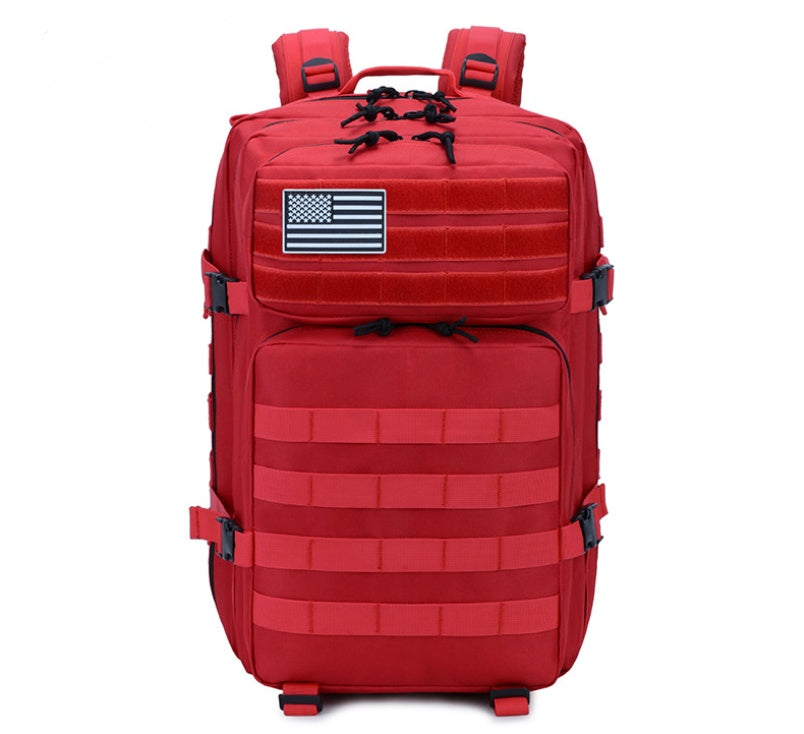 Red backpack with American flag patch 