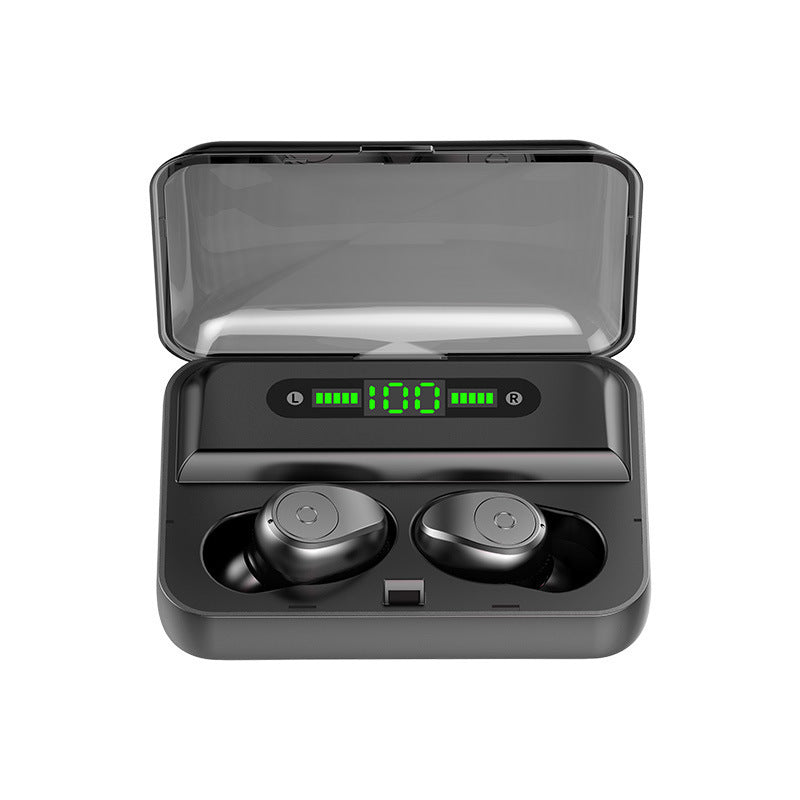 Black wireless earbuds in a charging case with a digital display