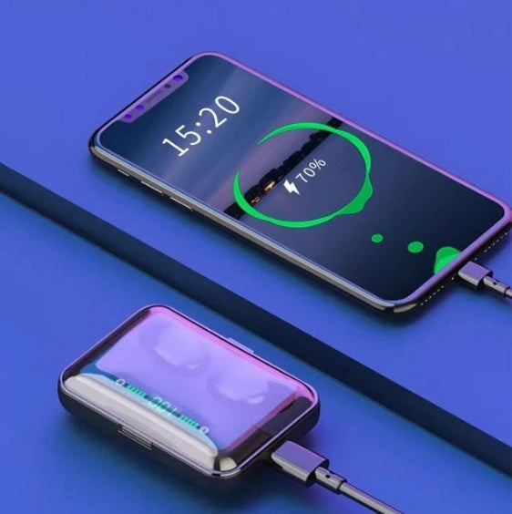 Black wireless earbuds with charging case