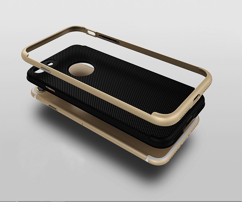 Two phone cases, one black and one gold, stacked on a light gray background