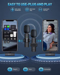 Two smartphones showing a wireless microphone setup with text indicating 'Easy to use, plug and play'.