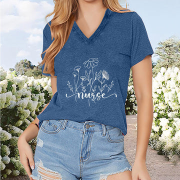 Women's V-Neck Floral Print Short Sleeve T-Shirt - Summer Casual Blouse