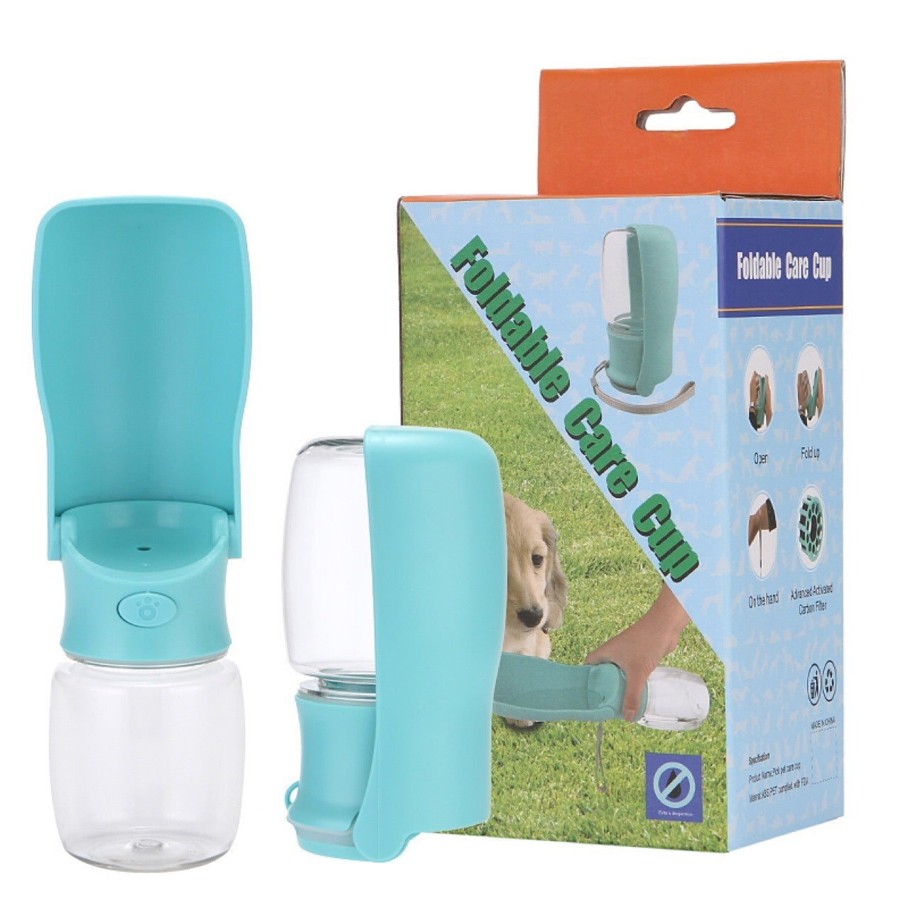 Teal pet care cup with clear container and packaging