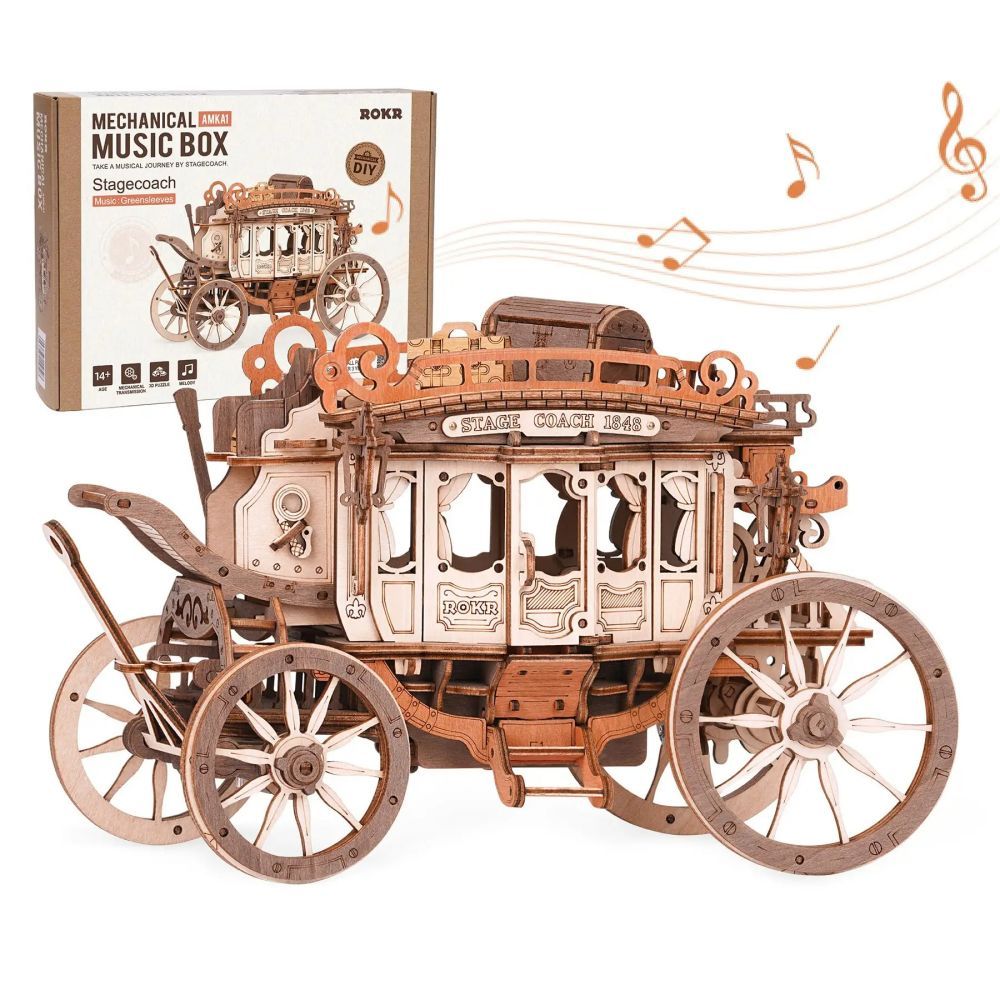 Robotime Rokr Stagecoach Music Box - 3D Wooden Puzzle for Adults - Wild West Model Kit with Wind-Up Action, Music & Hidden Compartments