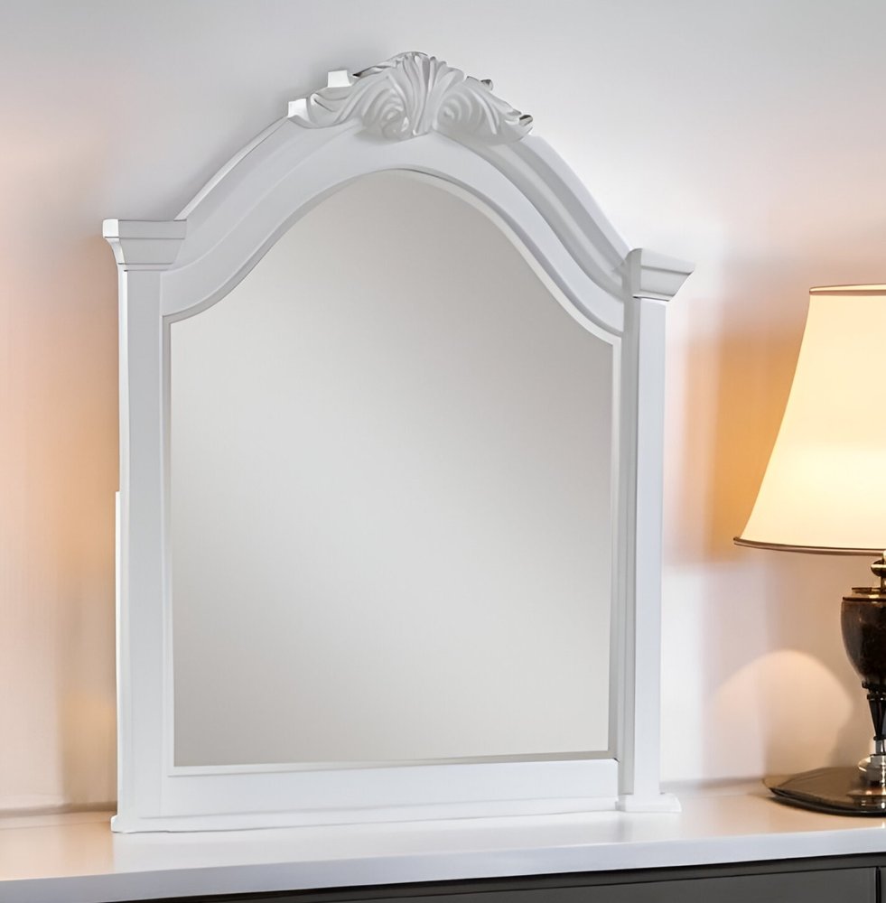 43" White Crowned Top Wood Framed Mounted Dresser Mirror – Beveled Transitional Style