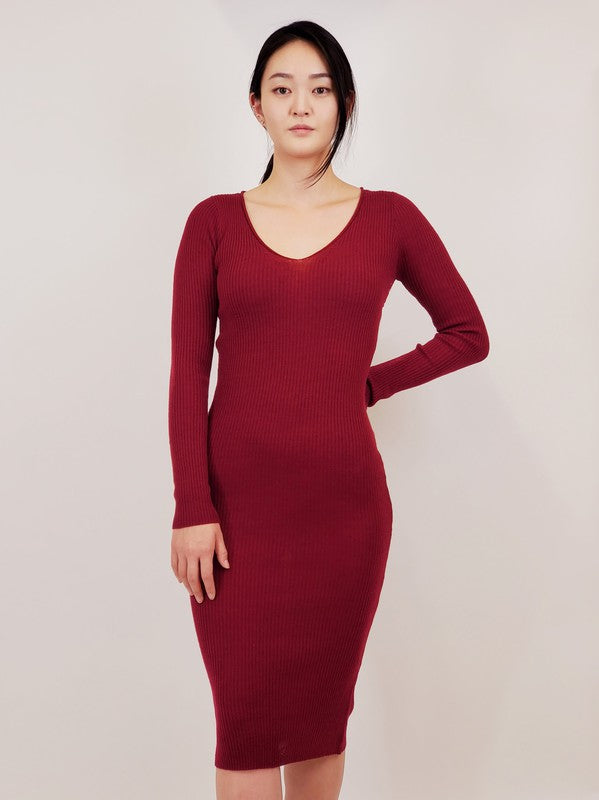 V‑Neck Sheer Ribbed Knit Sweater Dress, Fitted Long‑Sleeve Midi for Fall & Winter