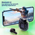 Wireless earbuds with smartphone displaying gaming app