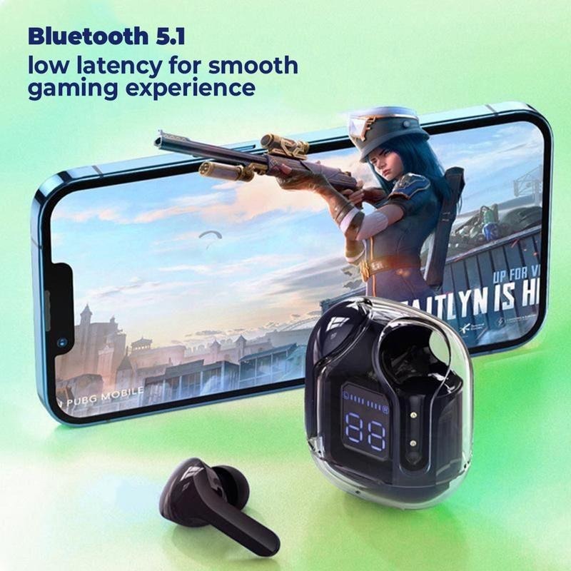 Wireless earbuds with smartphone displaying gaming app