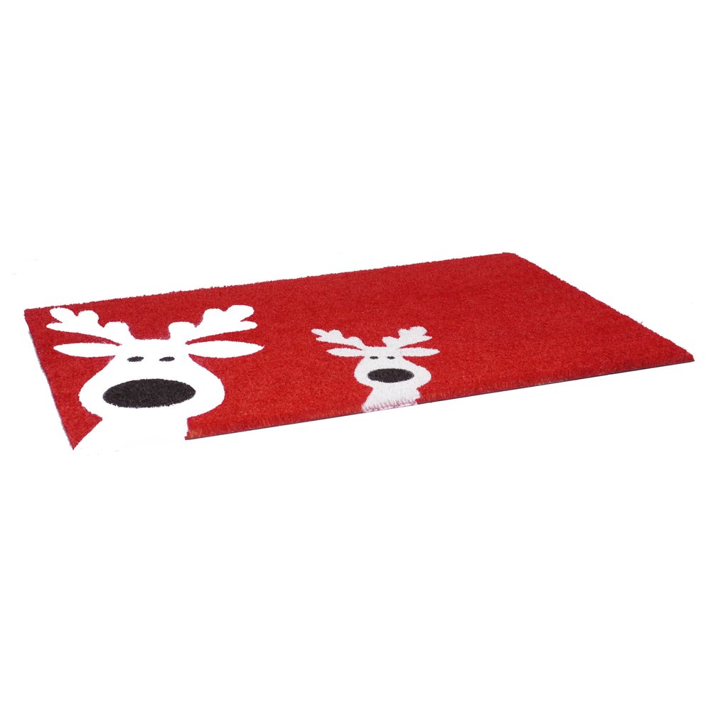 17″ × 29″ Red & White Coir Reindeer Outdoor Christmas Door Mat, Heavy‑Duty Eco‑Friendly Holiday Mat