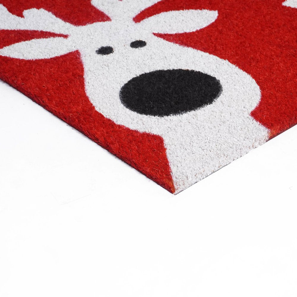 17″ × 29″ Red & White Coir Reindeer Outdoor Christmas Door Mat, Heavy‑Duty Eco‑Friendly Holiday Mat