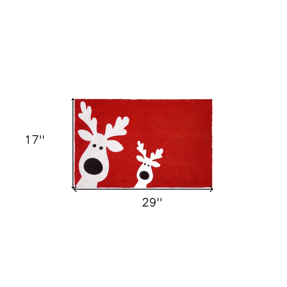 17″ × 29″ Red & White Coir Reindeer Outdoor Christmas Door Mat, Heavy‑Duty Eco‑Friendly Holiday Mat