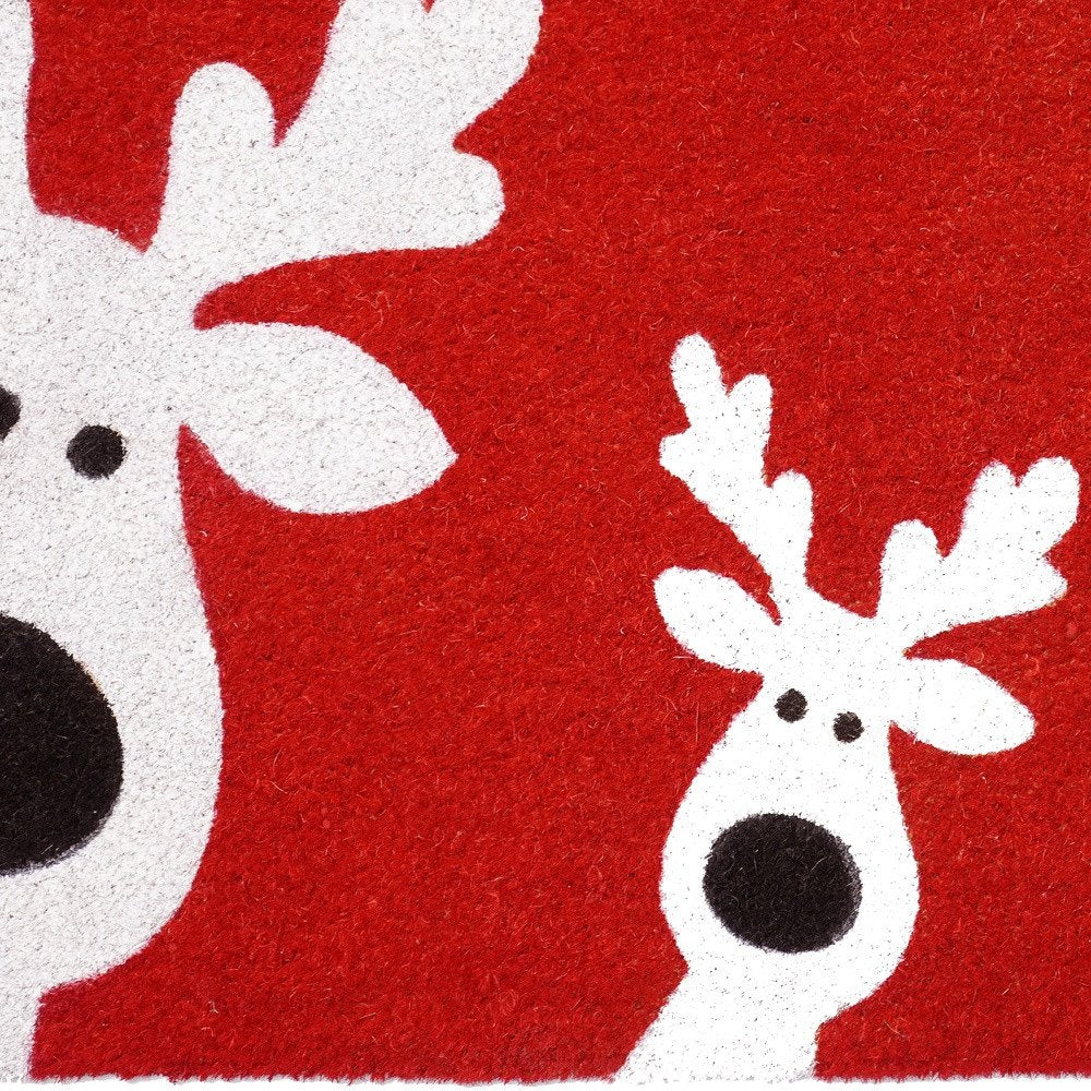 17″ × 29″ Red & White Coir Reindeer Outdoor Christmas Door Mat, Heavy‑Duty Eco‑Friendly Holiday Mat