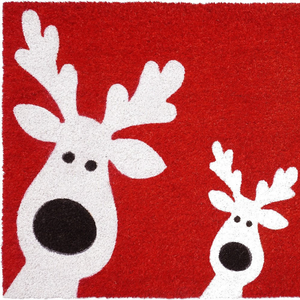 17″ × 29″ Red & White Coir Reindeer Outdoor Christmas Door Mat, Heavy‑Duty Eco‑Friendly Holiday Mat