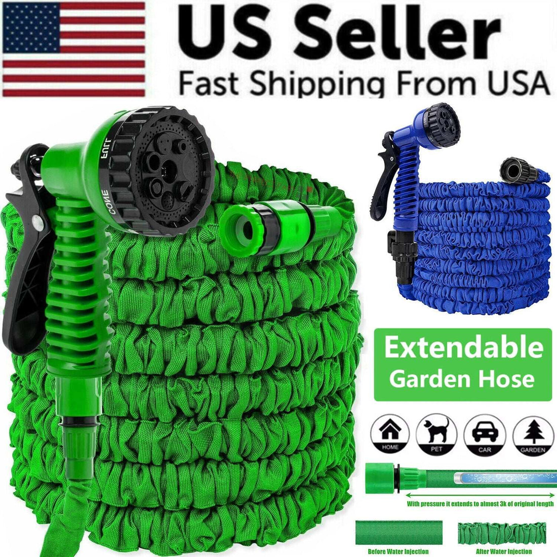 Expandable Garden Water Hose with 7-Function Spray Nozzle – 25FT, 50FT, 75FT, 100FT – Flexible, Lightweight & Tangle-Free

