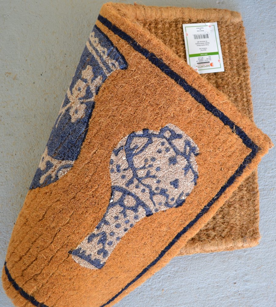 20" X 30" Brown Blue And White Chinoiserie Coir Abstract Outdoor Door