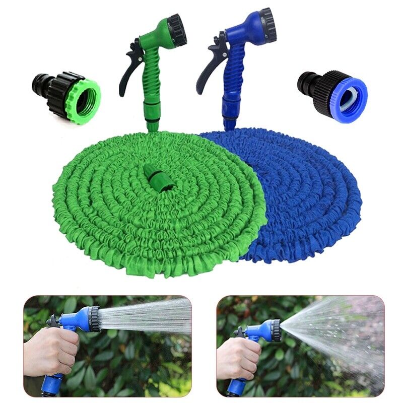 Green and blue expandable garden hose with nozzles on a white background