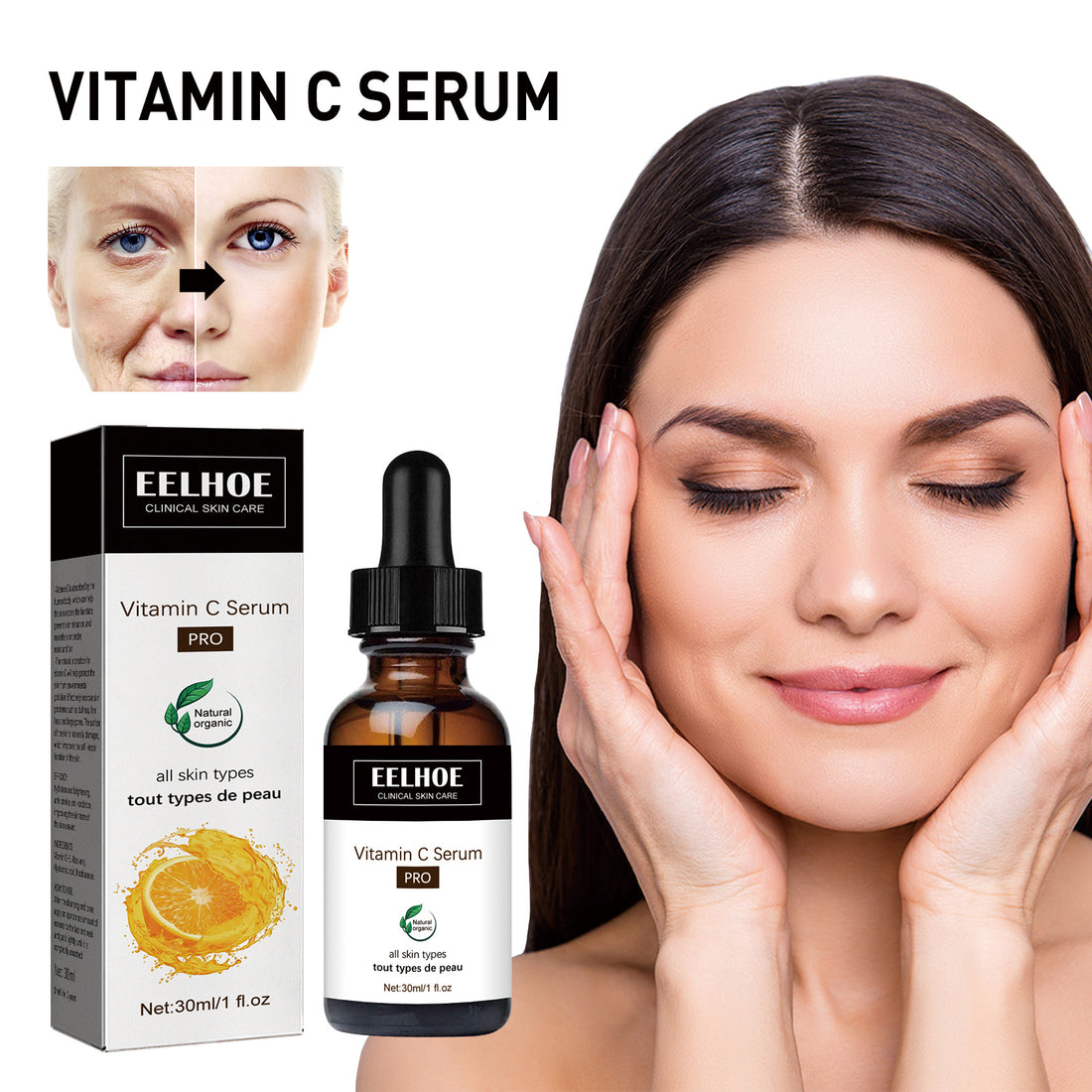 Vitamin C serum bottle with ingredients listed, surrounded by aloe vera and an orange slice on a white background.
