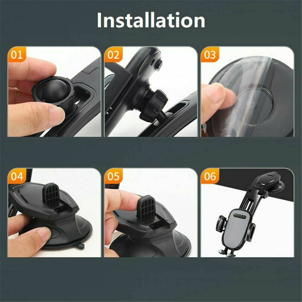 Car phone holder with suction cup and clip, used on car dashboard and windshield.