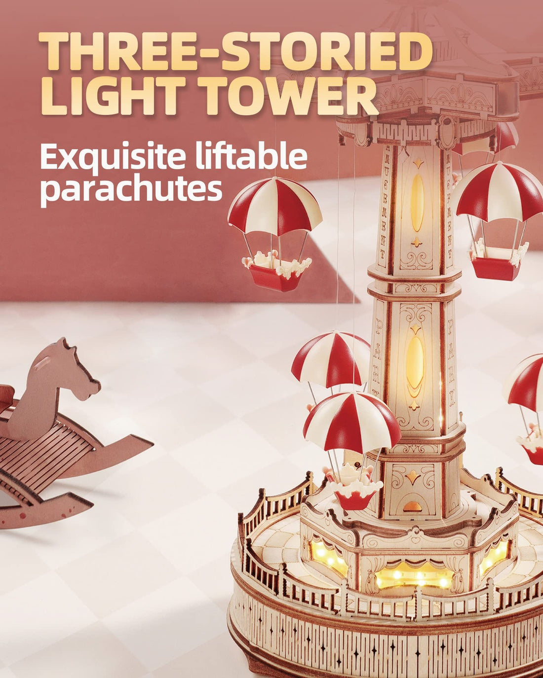 ROKR Parachute Tower 3D wooden puzzle with lit parachutes and music box