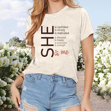 Women's Letter Slogan Print Short Sleeve T-Shirt - Casual Round Neck Summer Top