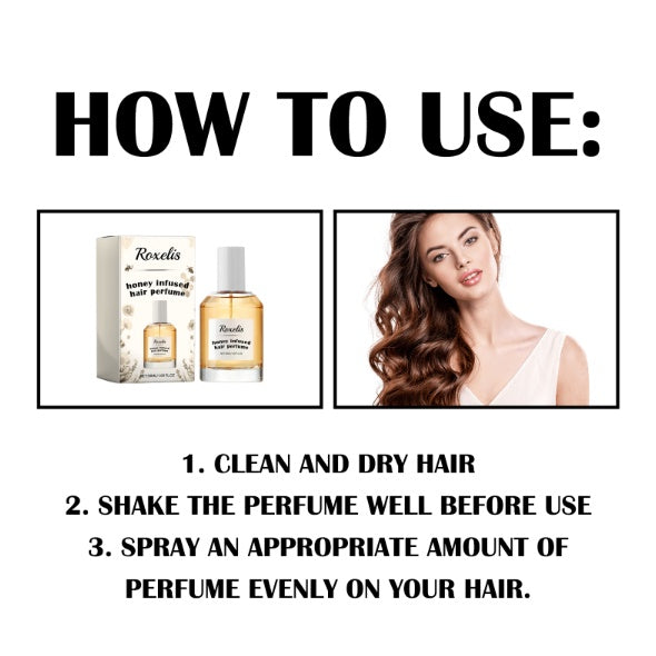 Instructions on how to use hair perfume with a product image and a model wearing it.