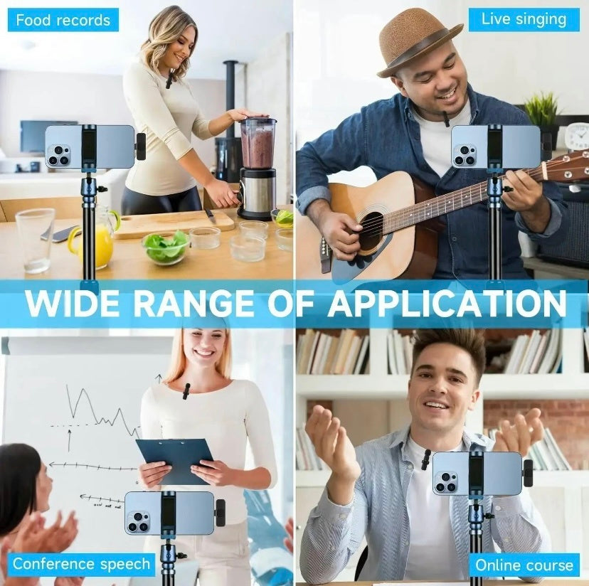 Collage of people using a smartphone with a microphone attachment in various settings.