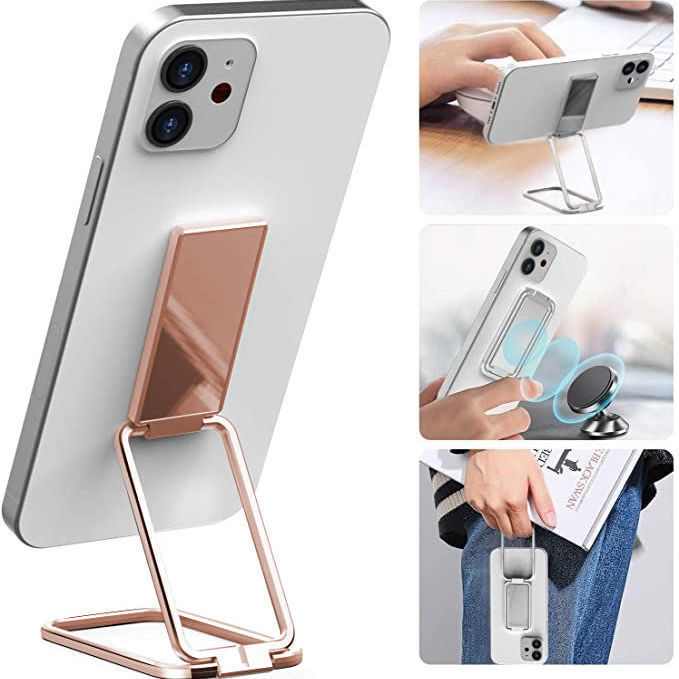 Rose gold phone stand with smartphone usage scenarios