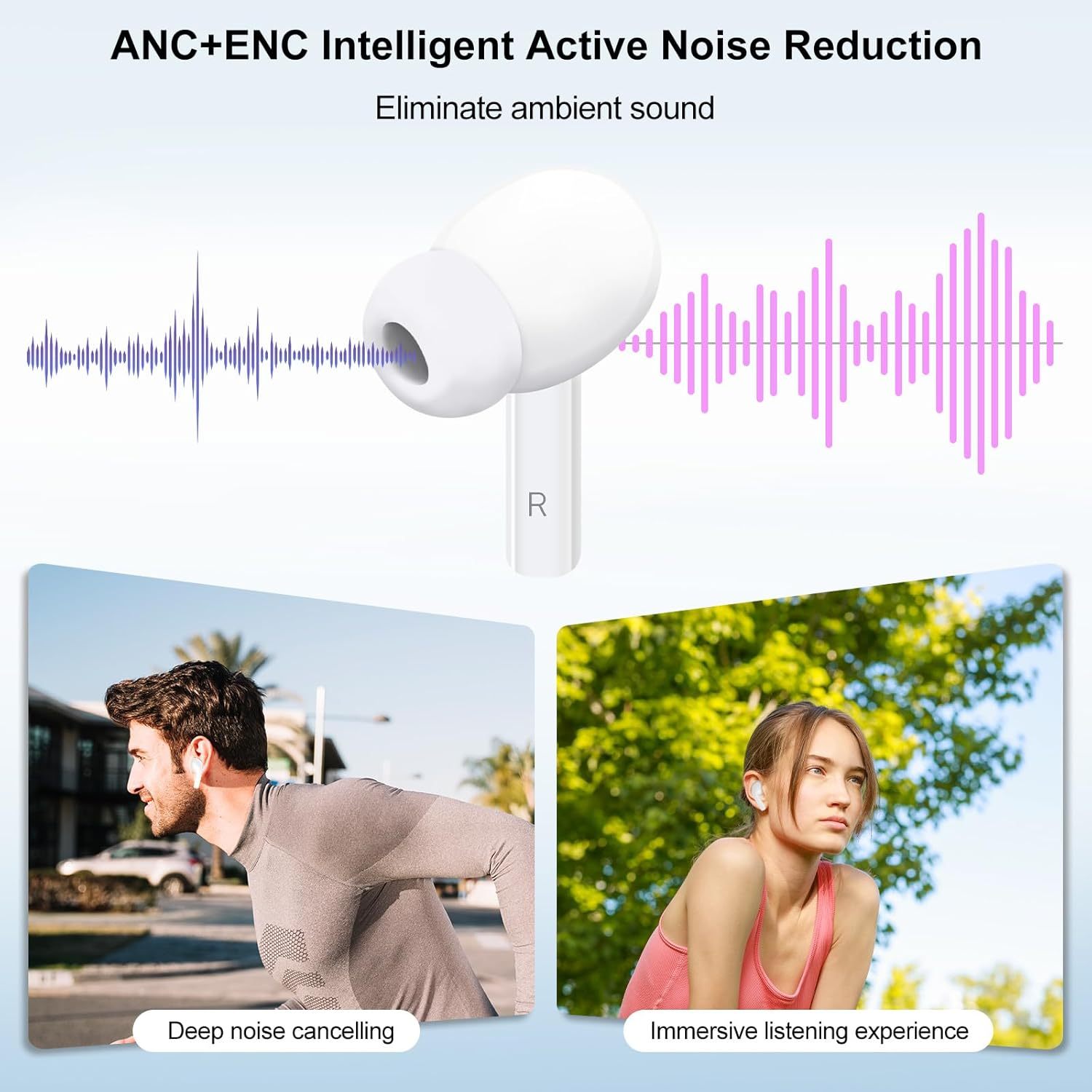 White earbud with sound wave graphics and people using it in different settings, emphasizing noise reduction and immersive listening.