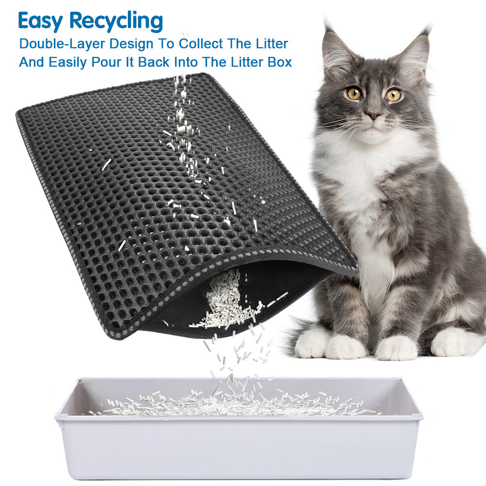 Cat standing on a black perforated mat with a litter box