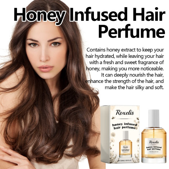 Advertisement for Honey Infused Hair Perfume featuring a woman with long hair and product packaging.
