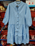 Plaid Ruffle V-Neck Dress for Women – Button Front, Three-Quarter Sleeves, Summer Midi Dress