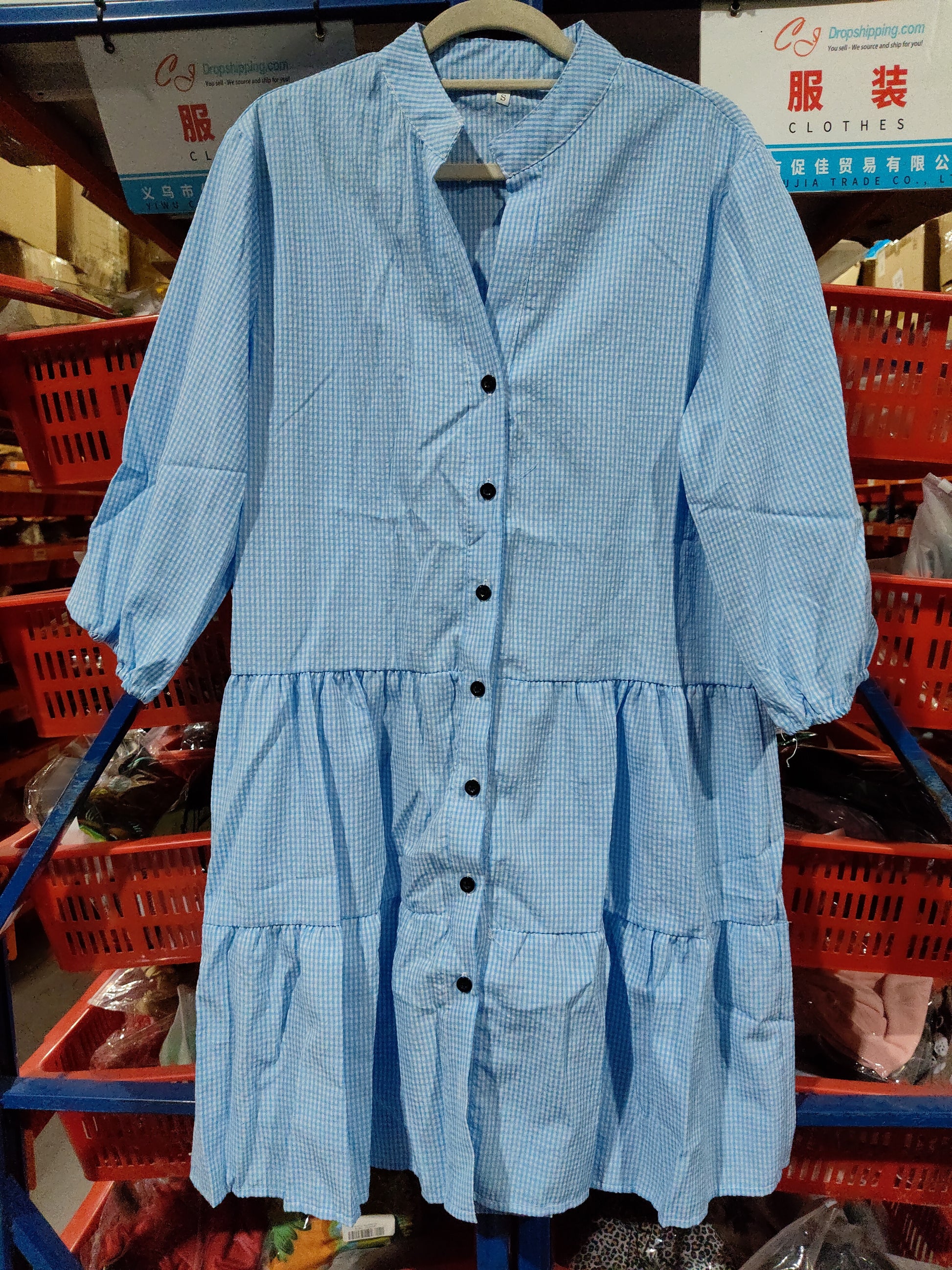 Plaid Ruffle V-Neck Dress for Women – Button Front, Three-Quarter Sleeves, Summer Midi Dress