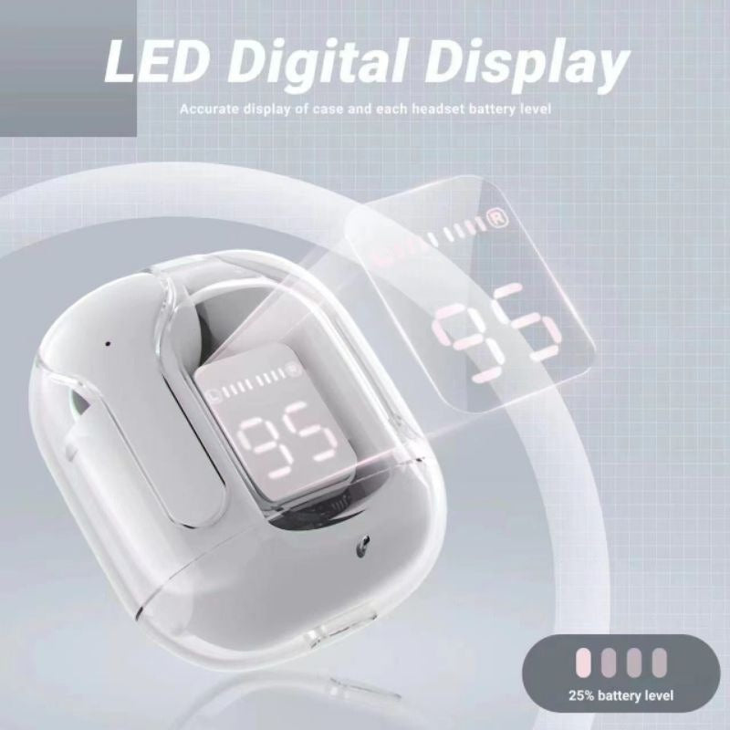 Wireless earbuds with LED digital display showing battery levels