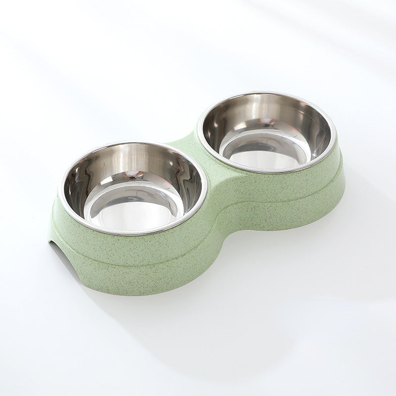 double stainless steel pet food and water bowls with straw frame