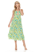 Woman wearing a floral dress on a white background