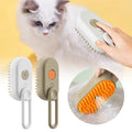 Cat being brushed with a grooming tool, surrounded by different grooming brushes 
