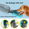 Dog drinking from a blue and gray pet water bottle with text highlighting features 