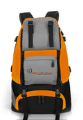 Orange and gray backpack with 'Baby Safe Away' logo on a white background