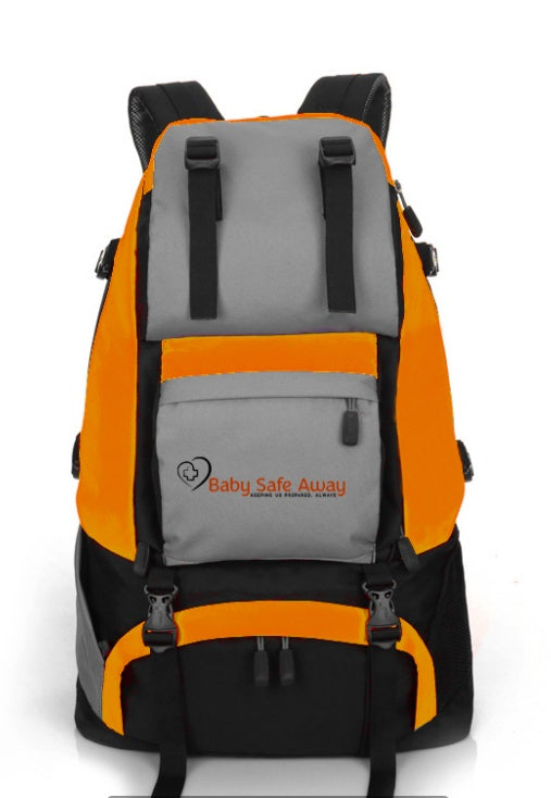 Orange and gray backpack with 'Baby Safe Away' logo on a white background