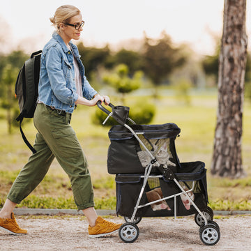 Double-Decker 4-Wheel Pet Stroller for 2 Dogs or Cats – Foldable, Ventilated & Safe