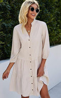 Plaid Ruffle V-Neck Dress for Women – Button Front, Three-Quarter Sleeves, Summer Midi Dress