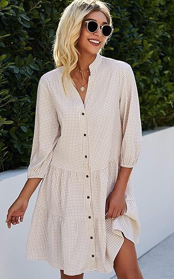 Plaid Ruffle V-Neck Dress for Women – Button Front, Three-Quarter Sleeves, Summer Midi Dress