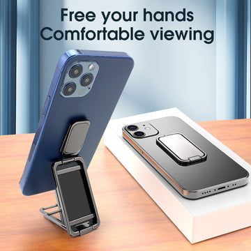 Phone holder with blue phone case and stand on a wooden surface