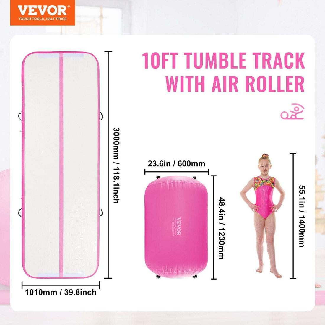 VEVOR Inflatable Gymnastics Air Mat Set, 2 PCS Tumbling Mat, Tumble Track With Electric Pump, Air Roller Barrel Gymnastics Equipment, Training Mats For Home Use Gym Yoga Cheerleading Beach Park Water