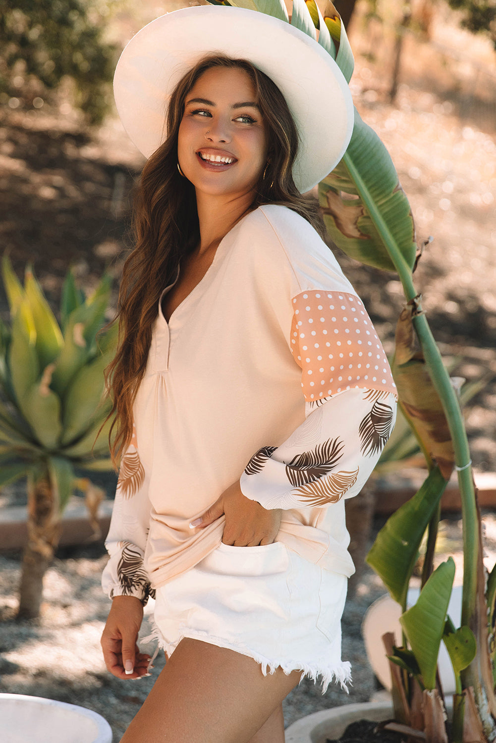 Jet Stream Palm Leaves Polka Dot Puff Sleeve Patchwork V Neck Loose Bl