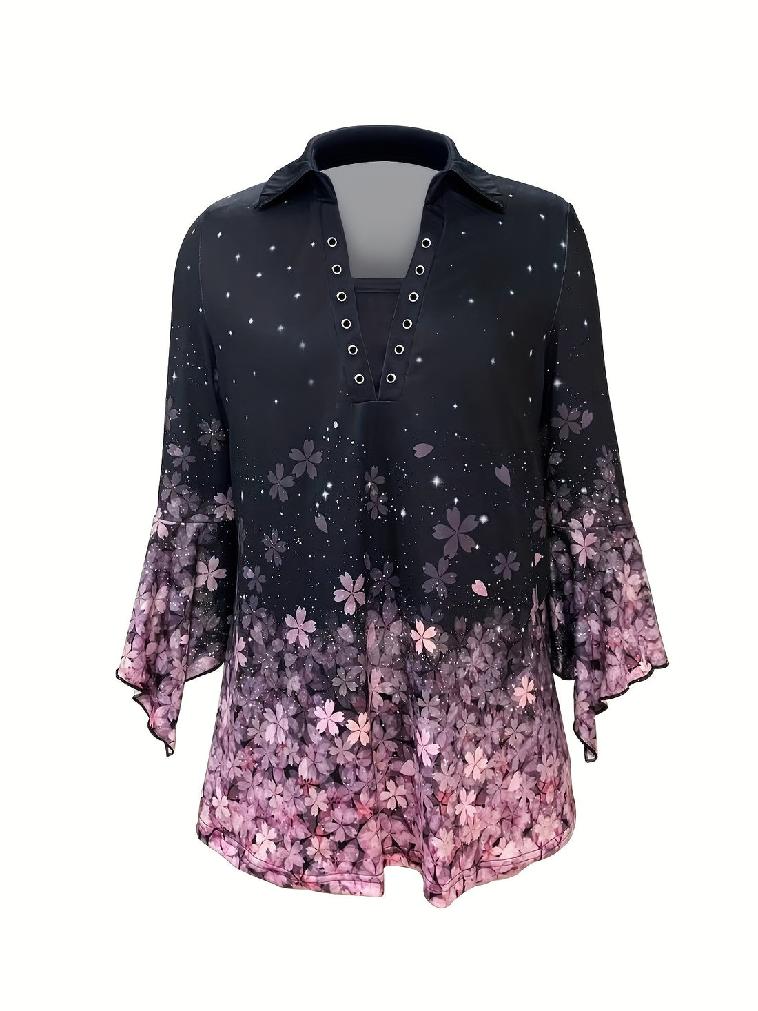 Spring autumn printed lapel three-quarter sleeve t-shirt front view

