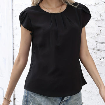 Ladies' Hollowed Out Fabric Pleated Decorative Petal Sleeves Button Details Casual Style Pullover Round Neck Short Sleeved Shirt Top