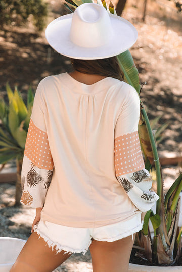 Jet Stream Palm Leaves Polka Dot Puff Sleeve Patchwork V Neck Loose Bl